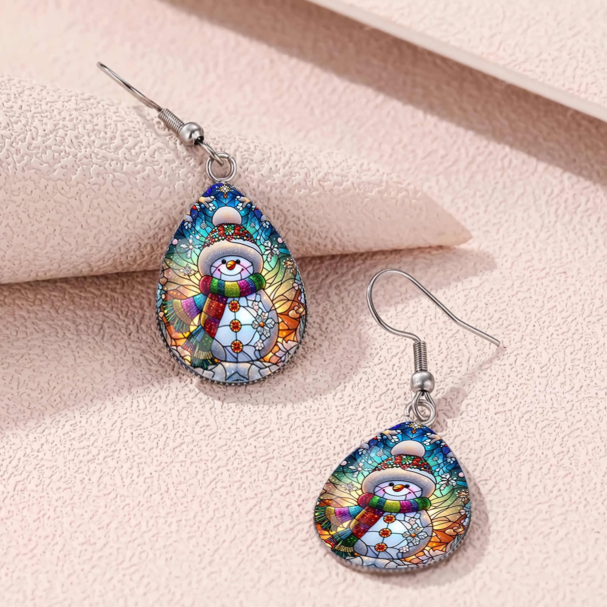 Iridescent Christmas Snowman Pattern Teardrop Earrings