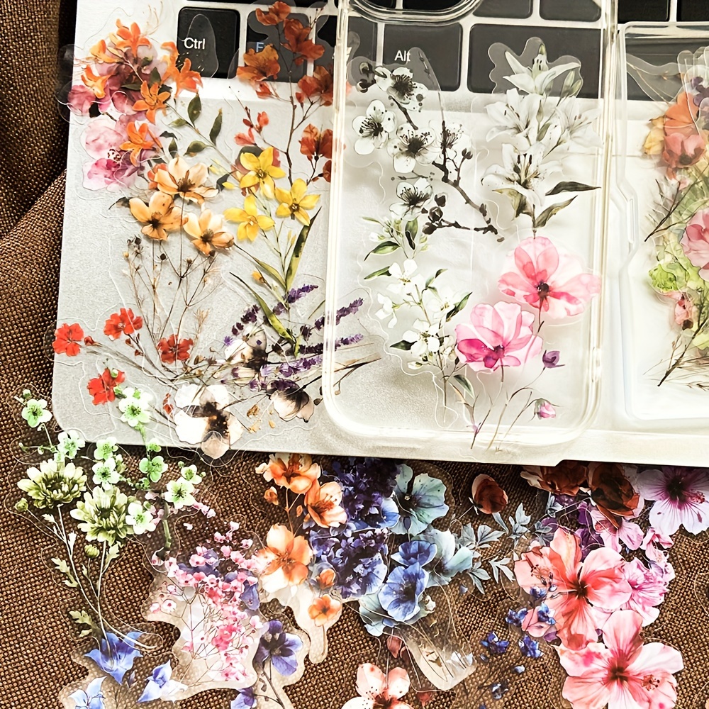 

50 pièces d'autocollants de fleurs transparents, décalcomanies de plantes en PET pour le scrapbooking, le journaling, les DIY, la décoration de guitare, de cahier