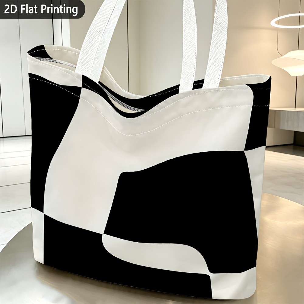 TEMU 1pc, Women's Shoulder Bag, 2d Flat Abstract Geometric Black And White Theme Printed Shoulder Bag, Exquisite Women's Handbag, Reusable,