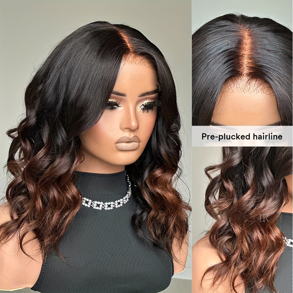 Ombre Brown Human Hair Wigs Layered Cut Curly Wave Wigs Human Hair Wig with Baby Hair 4x4 Lace Closure Wigs Human Hair Transparent Lace Closure Human Hair Wig Deep Curly Summer Wig Brazilian Hair 22 24Inch Pre Plucked Short Wavy Wigs Daily Use