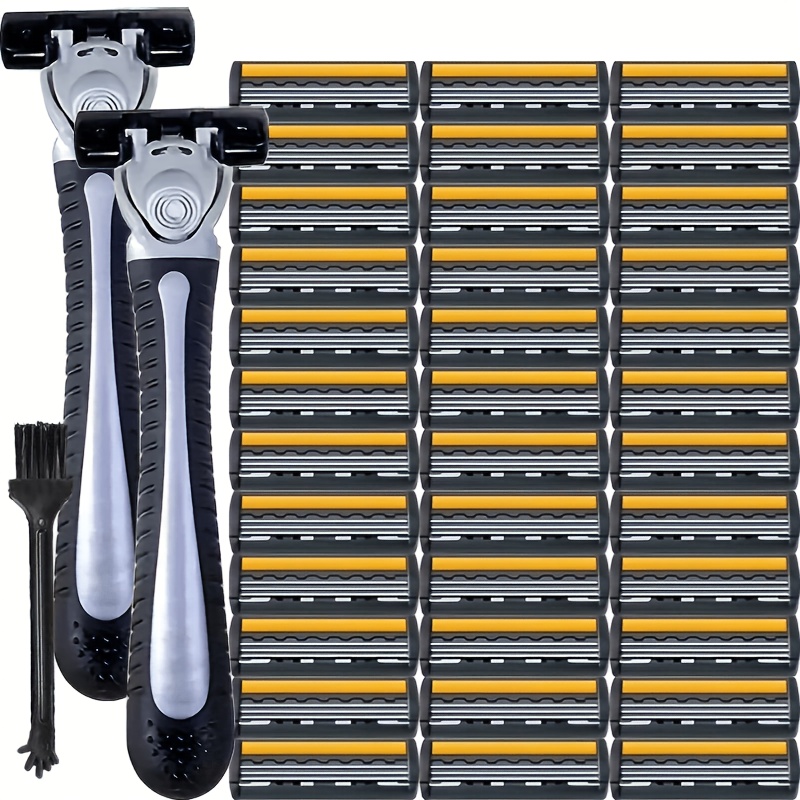 Image of 3-layer Men's Shaver, 1 Set With 2pcs Handles And 40pcs Replacement , Washable Reusable 3-layer , Birthday Gift