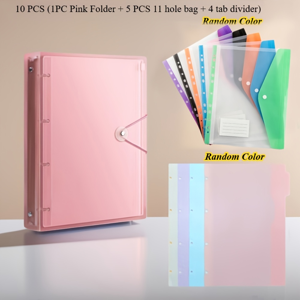 TEMU Arxr 10pcs A4 Binder File Set, Durable Colored Pp Binder Folder With 5 Random Color 11-hole Punch Bags And 4 Mixed Color Tab Dividers, Portable