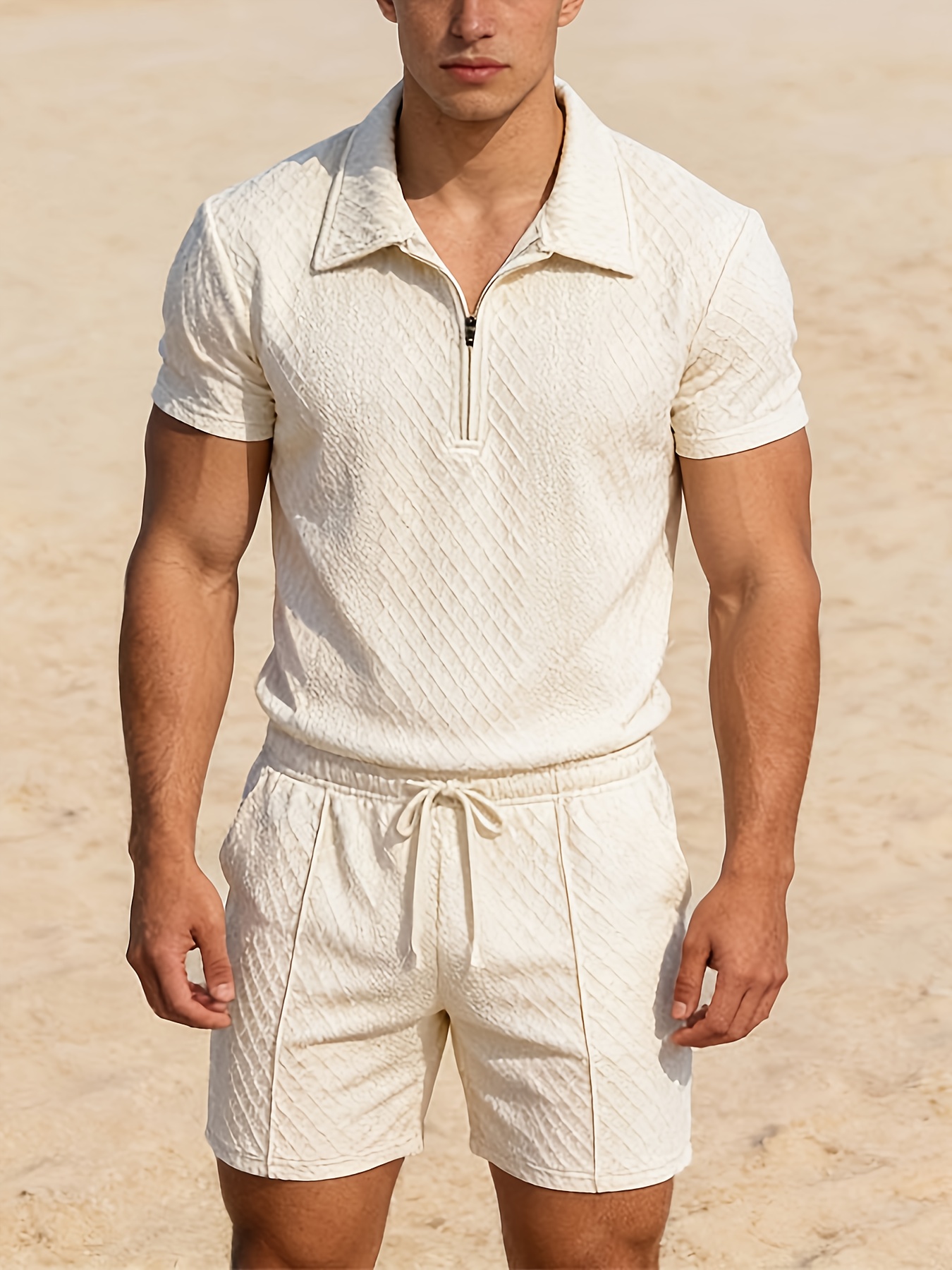 Men's Summer Short Sleeve 2pcs Set with Lapel Zipper Collar and Casual Shorts with Elastic Drawstring Mid-Waist Pants