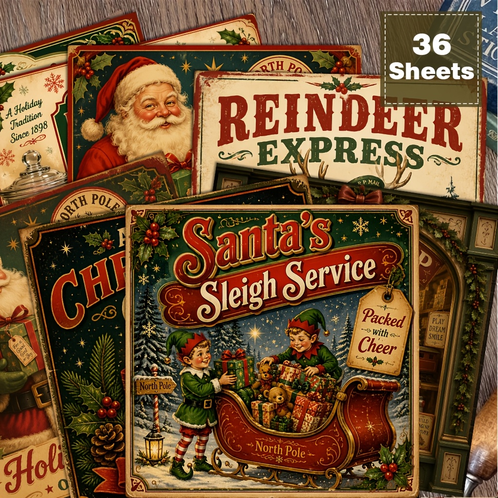 Artikelbild 36 stück bögen (36 stück) 6x6  -century weihnachts-bastelpapier   für scrapbooking, decoupage, postkartenherstellung - retro-rotes auto, verschneites  -drucke, vintage-typografie-karton   für feiertagsdekorationen