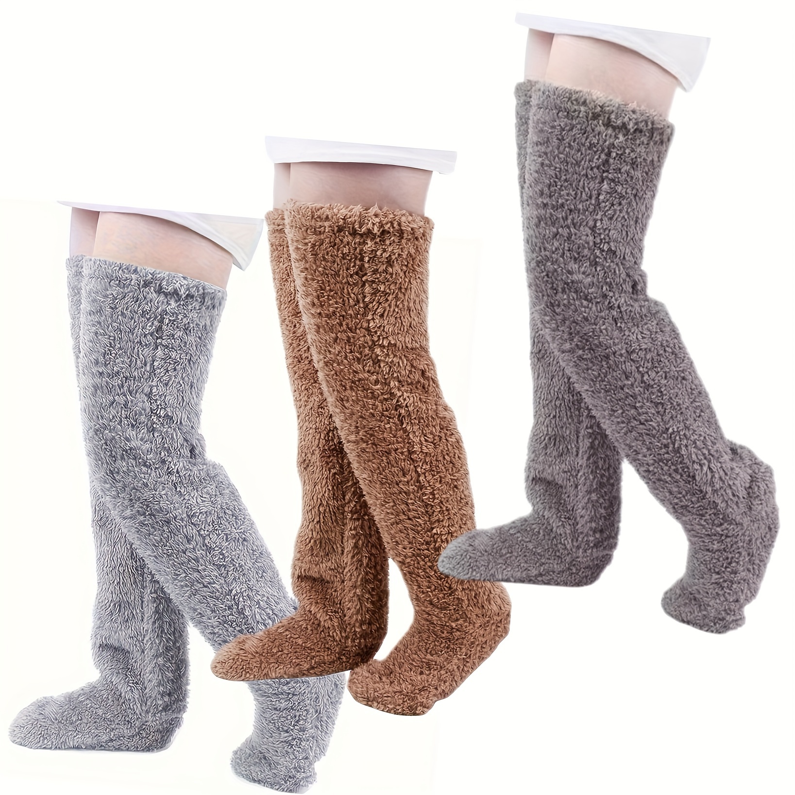 

3 paires de chaussettes hautes pour femmes, en polyester, lavables en machine et nettoyables à sec, couleur unie, tissu tricoté, chaussons confortables pour le sol, longueur au-dessus du genou