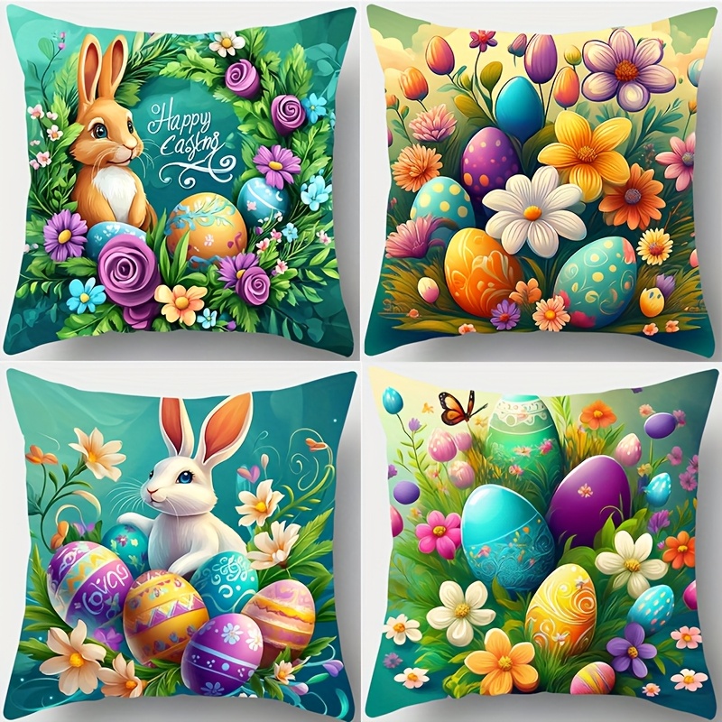 

4pcs Easter Themed Pillow Covers, 17.72" Contemporary Style, Polyester, Machine Washable, Zipper Closure, Decorative Cushion Cases For Living Room Sofa With Bunny, Eggs, Flowers & Prints