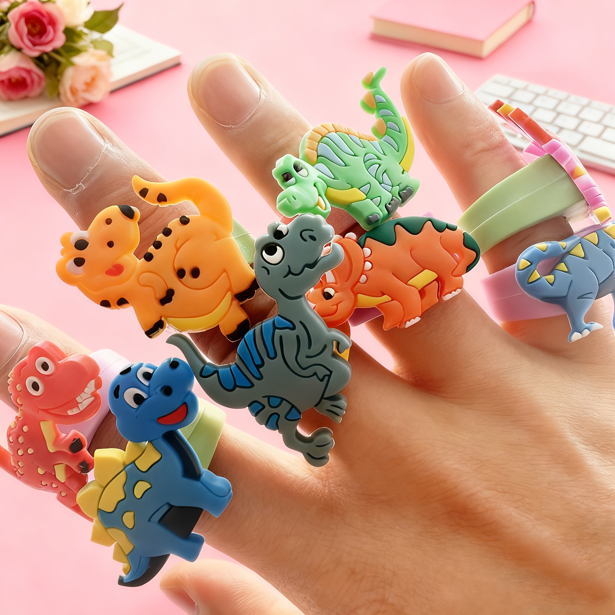 TEMU 5pcs Dinosaur Silicone Rings, Cute Unisex Stackable Rings, Colorful Fashion Jewelry For Play Party Vacation, Gift For Boys And Girls. Color And