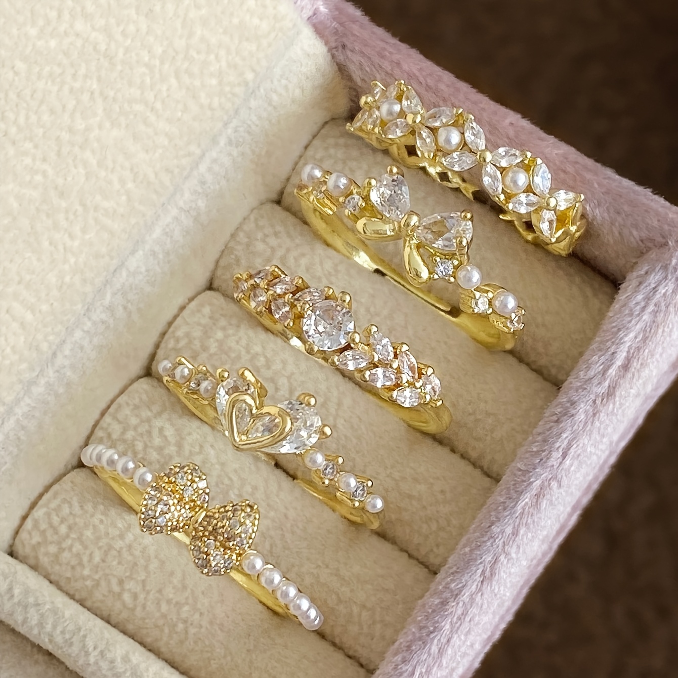 TEMU A Set Of 5 Elegant, Simple, And Stylish Women's Rings, From Copper Alloy And Inlaid With Cubic Synthetic Zirconia , Wheat Ear, And Bow Designs.
