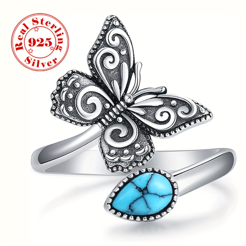 

925 Sterling Silver Vintage Carved Butterfly Faux Turquoise Open Ring, Adjustable Spoon Band Jewelry Gift For Men & Women, Hypoallergenic, 2.5g