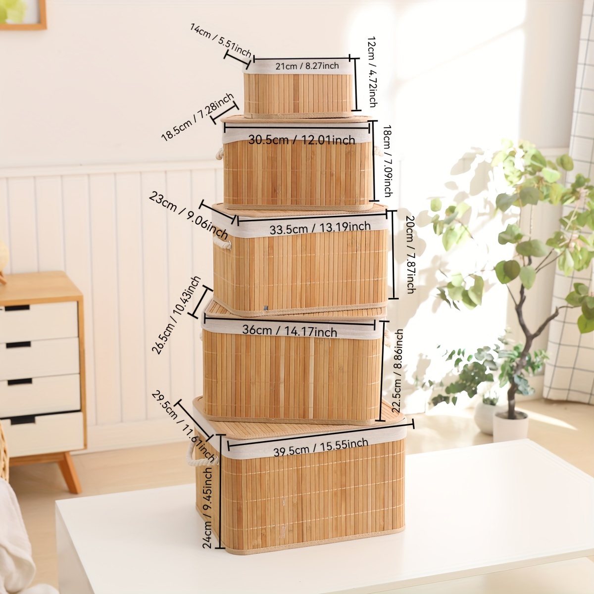 5-teiliges Set Bambus-Aufbewahrungskorb mit Deckel Griff,  Haushalts-Aufbewahrungsbox, Kleiderkorb, Deckenbox, staubdichte  Kleiderschrank-Aufbewahrungsbox, platzsparende Aufbewahrung Schrank, ...