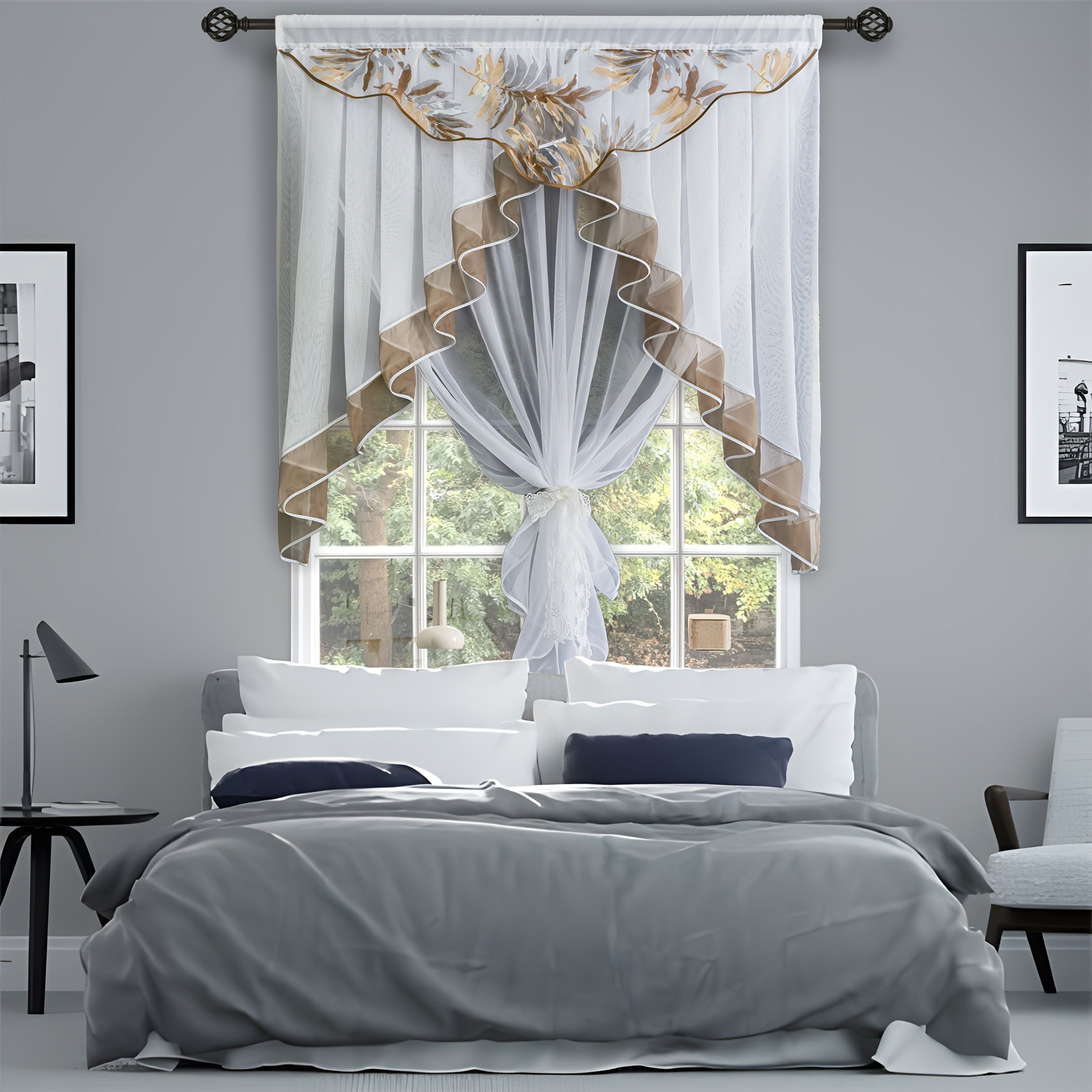 Image of 1 Panel Vintage Country Plant Print Small Curtains With Ruffle Draperies Valance Curtains For Kitchen, Study, Bedroom Small Window, With Rod Pocket Top Farmhouse Home Decoration 1 Panel