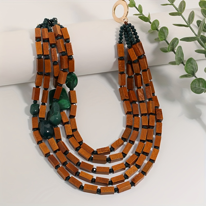 TEMU 1pc Bohemian Style Orange Wooden Geometric Bead Necklace - Jewelry Suitable For Women' Wear