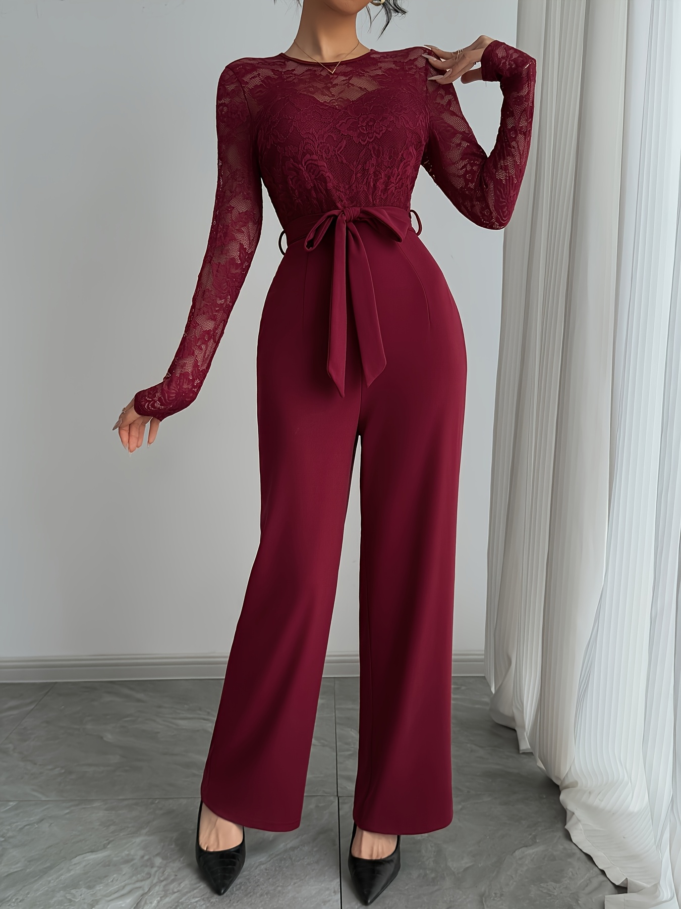 Sleeve Jumpsuit Lace Trim Tie Neck Jumpsuit Elegant Red Lace