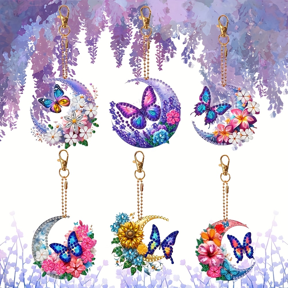 6 Diy Diamond Painting Keychains - Animal Theme Moon Disk, Irregular Acrylic Acid Shape, Mosaic Art Tools And Materials