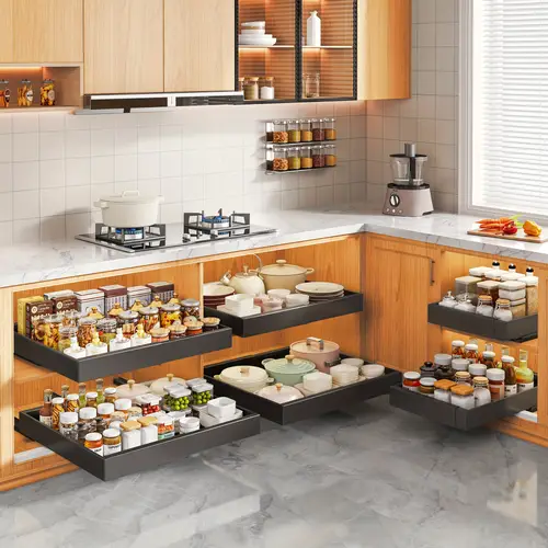 expandable pull out drawers for kitchen cabinets 4 pack heavy duty carbon steel sliding storage organizers no drill under sink rolling basket refrigerator shelf adjustable access rack for bathroom laundry room pantry