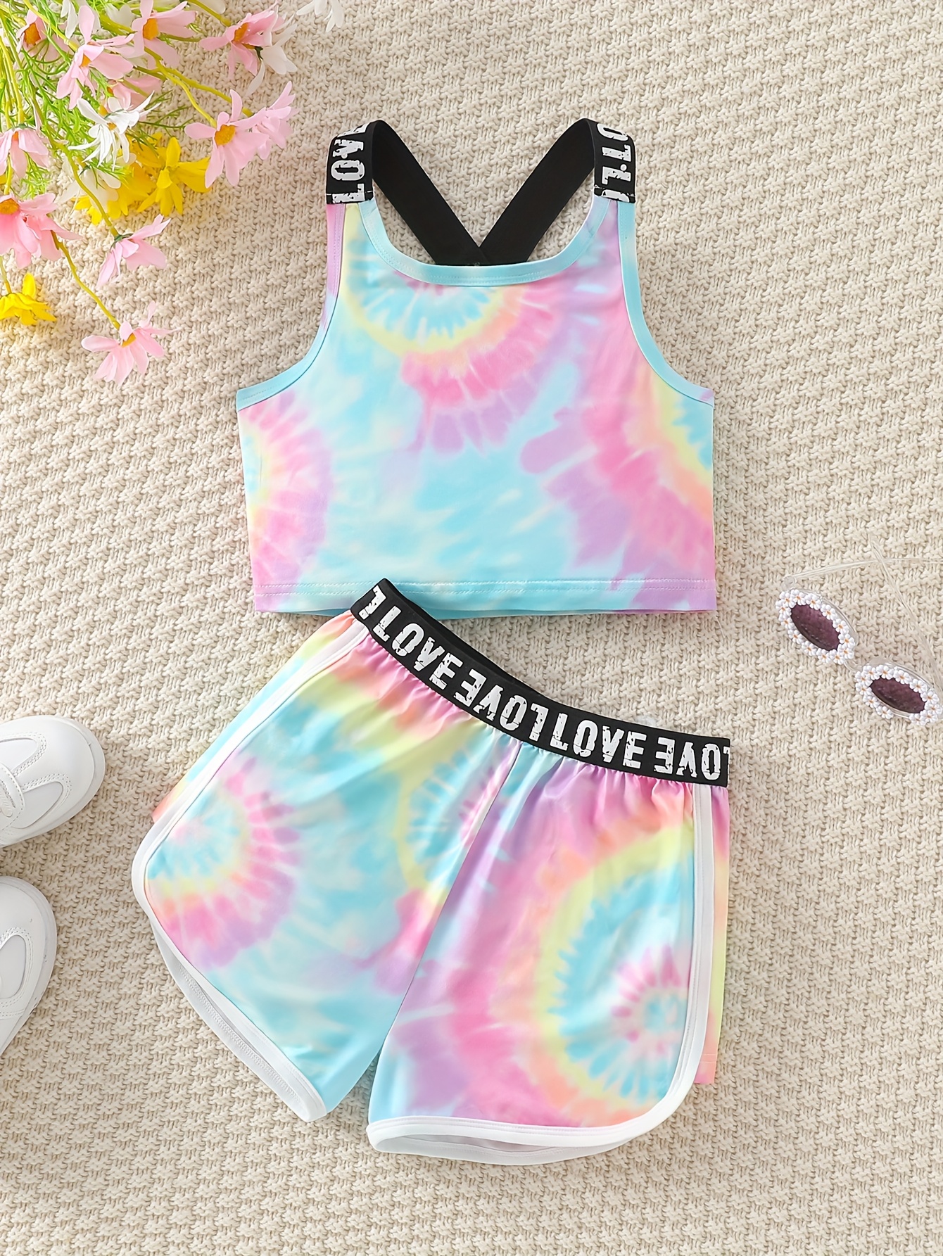 girls 2pcs set fashionable round neck sleeveless regular   top with color gradient letter print loose thigh length irregular design athletic shorts with color gradient letter print summer casual sportswear set pants length