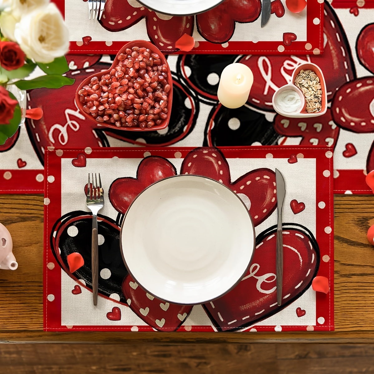 

4pcs 's Day Placemat Set - With White , Machine Washable, Wedding Anniversaries & Party Dining Decor, Valentines Decorations