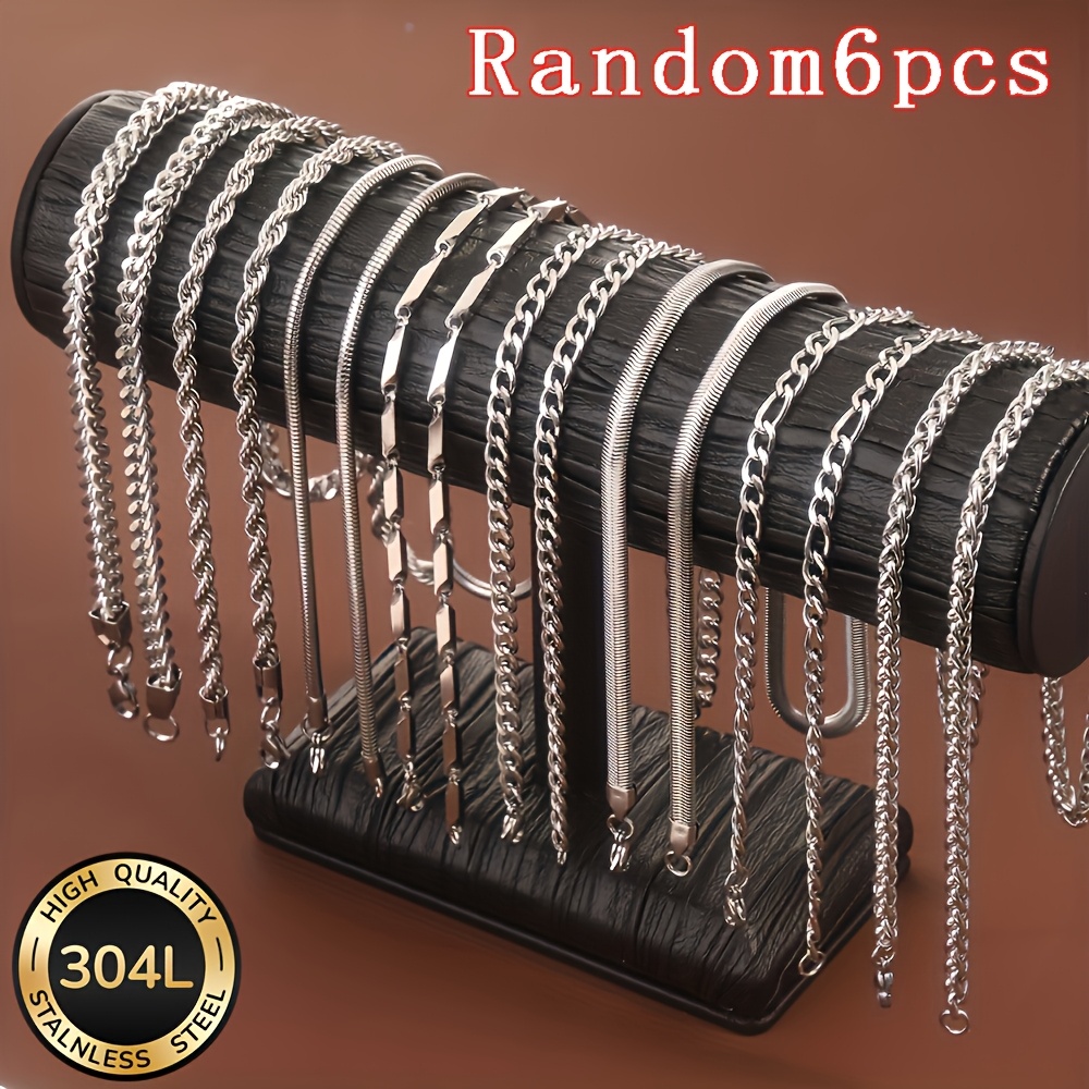 TEMU Random 6pcs Men's 304 Stainless Steel Necklace Set - Stylish And Durable Additions, Suitable For Casual Wear - Hypoallergenic , Holiday Gift,