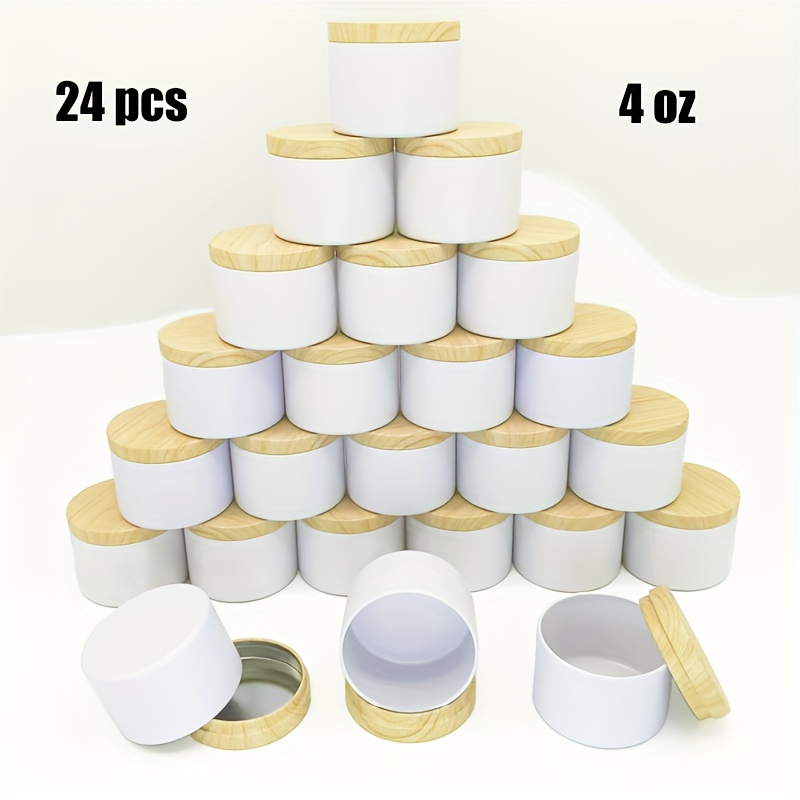 

24pcs Pots à Bougies Blancs de 4oz avec Couvercles à Grain de Bois - Parfaits pour l'Artisanat DIY, le Rangement, les Cadeaux de Fête & la Décoration de la Maison, 114ml