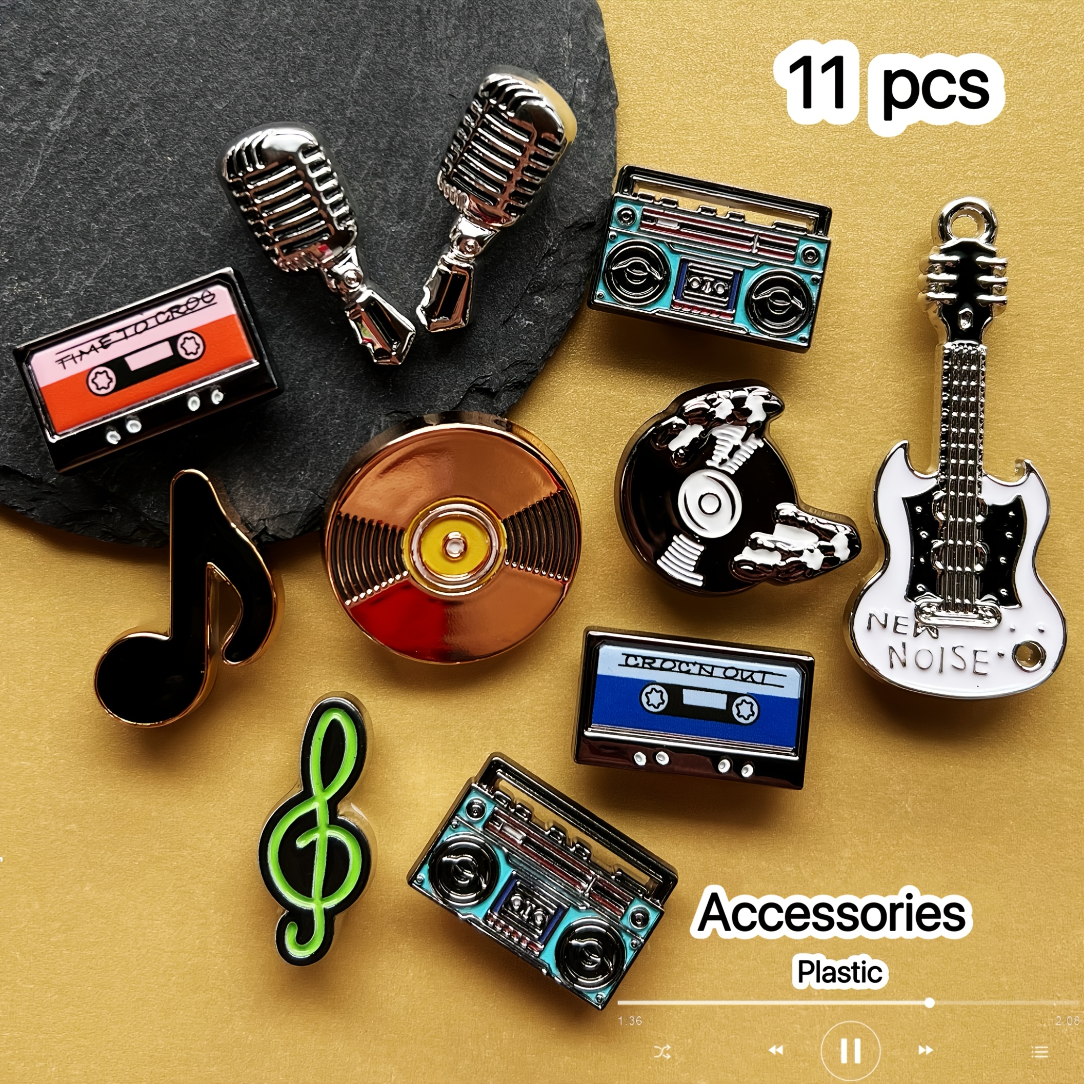 Image of 11 Cd, Tape & Shoe Charms. Removable Plastic Decorations. Fit Sandals, Beach Bags & Hole Shoes. Wearable All Year, Ideal For Gifts, Festivals And Crafts. Not Brooches