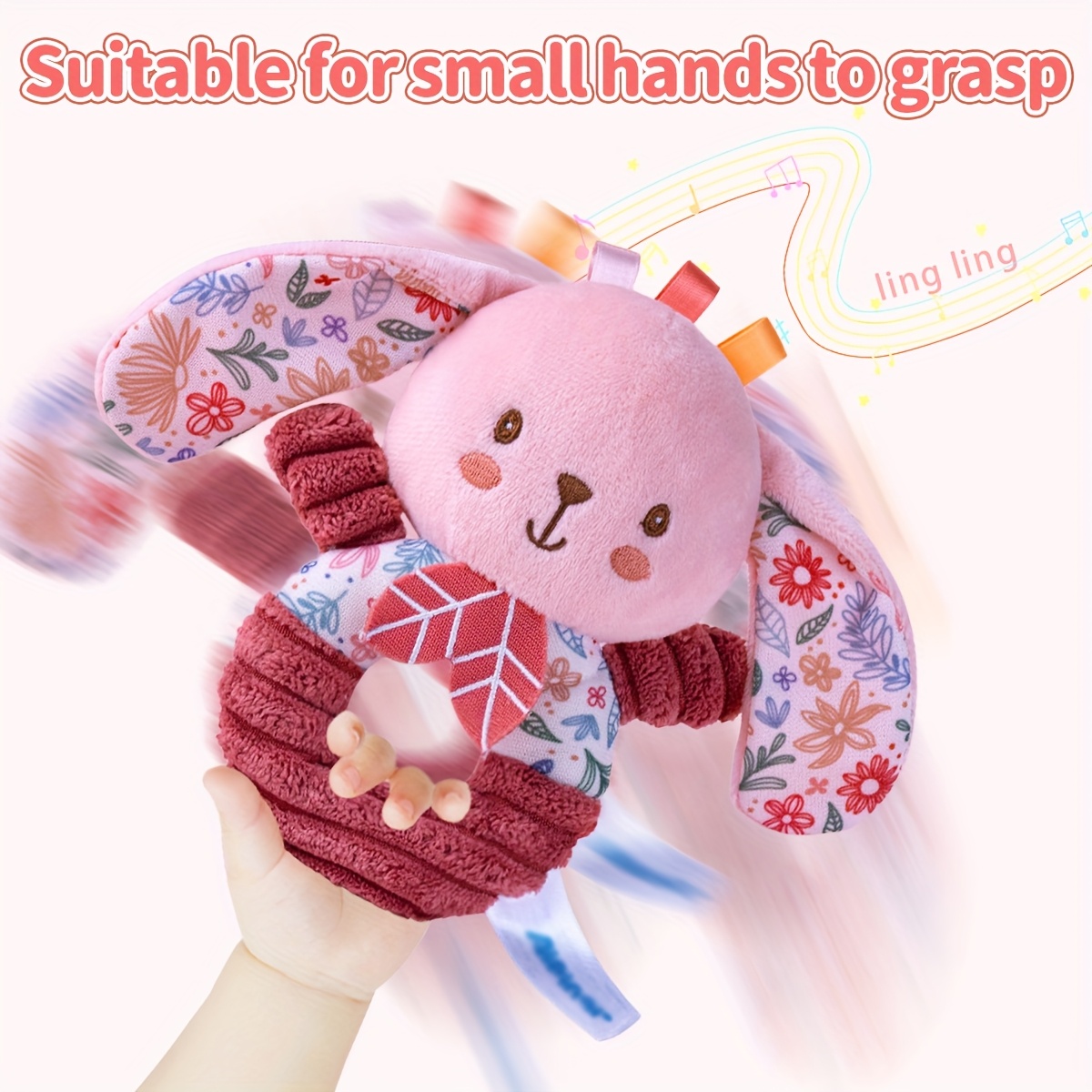Soft Plush Elephant & Rabbit Rattle Toys Pink Floral Pattern Hand Shakers
