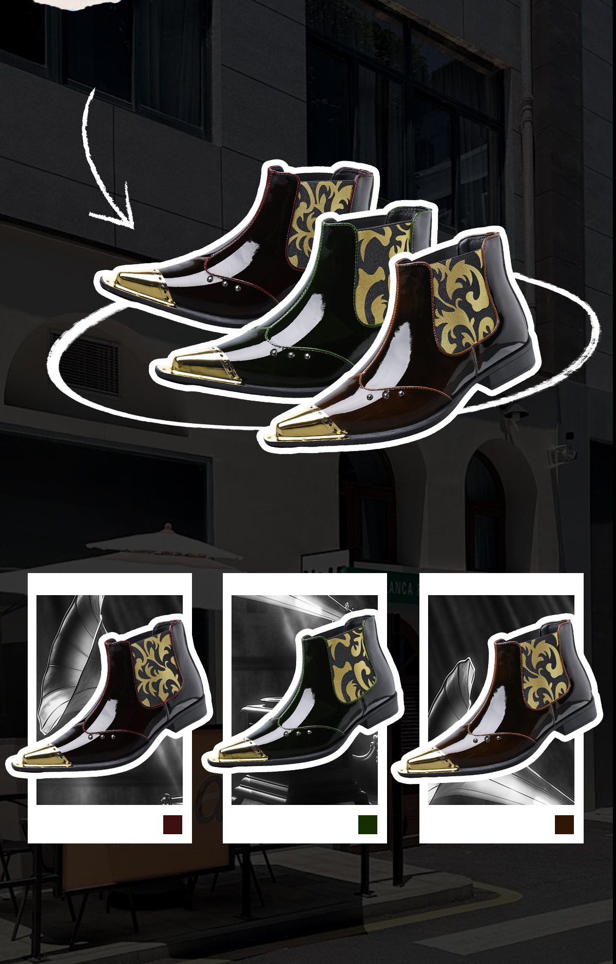 QRLQRL Men's Glossy Black/Golden Cloud Pattern PU Short Boots - Elastic Closure Slip-On/Lace-Like Buckle, Golden-Tipped Toe & Heel, All-Season Dress Boots for Casual & Formal Wear (Shoe Maintenance-Free)