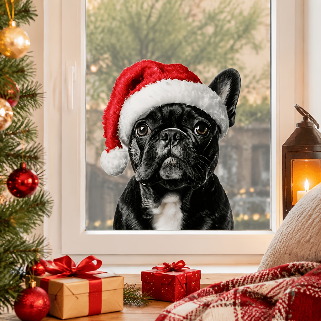 TEMU . niedlicher französischer Bulldogge Weihnachts-Fensteraufkleber, Hund mit Weihnachtsmütze Glasaufkleber, selbstklebender ablösbarer