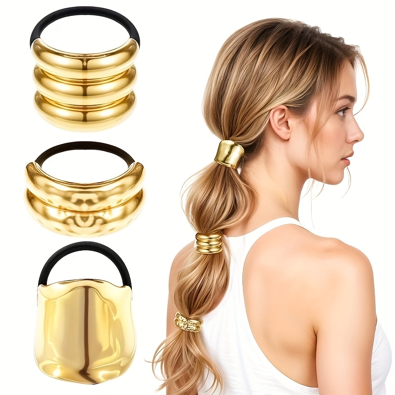 E-shop 3 Stück Metall Haargummis, Goldene Silberne Geometrische Elastische Pferdeschwanzmanschetten für Frauen – Zubehör Halterung