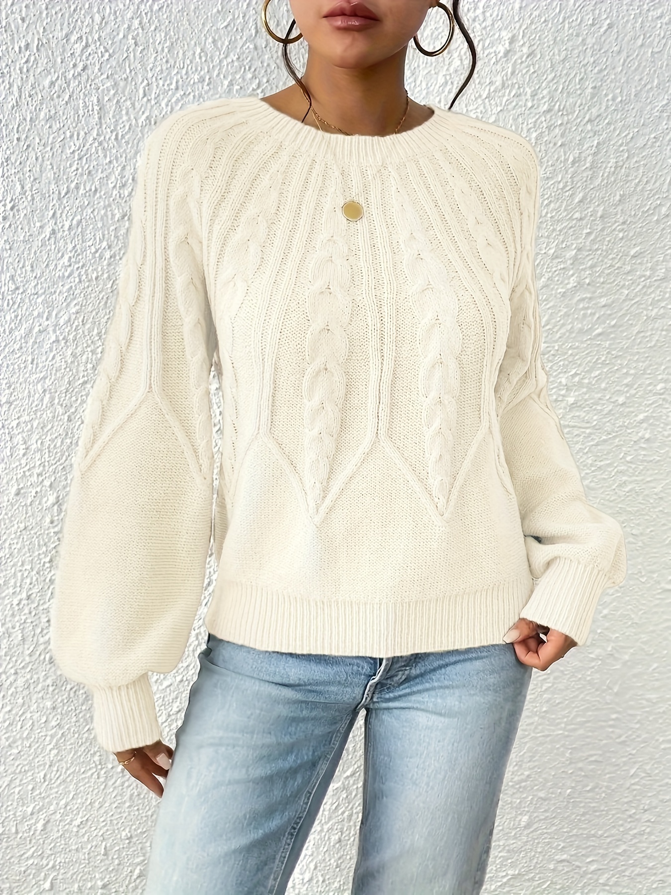 cable knit crew neck sweater elegant lantern sleeve knitted top for   womens clothing details 19