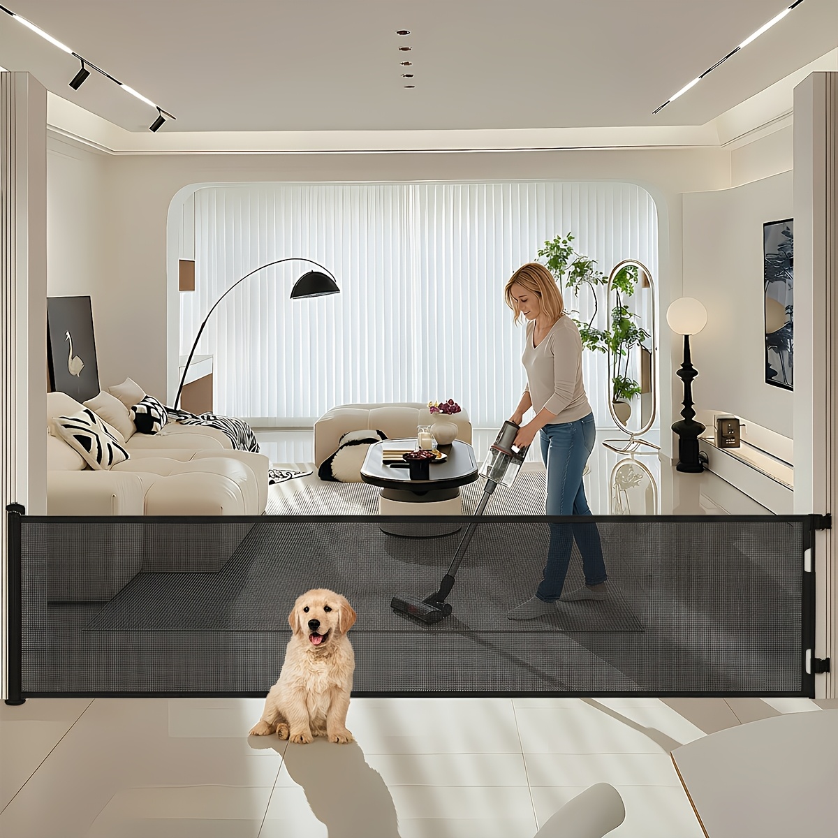Image of Retractable Pet Gate, 34 Inches Tall, Extends Up To 120 Inches Wide, Retractable Gate For Pets, Mesh Material, For Indoor Stairs, Doorways, , Gray