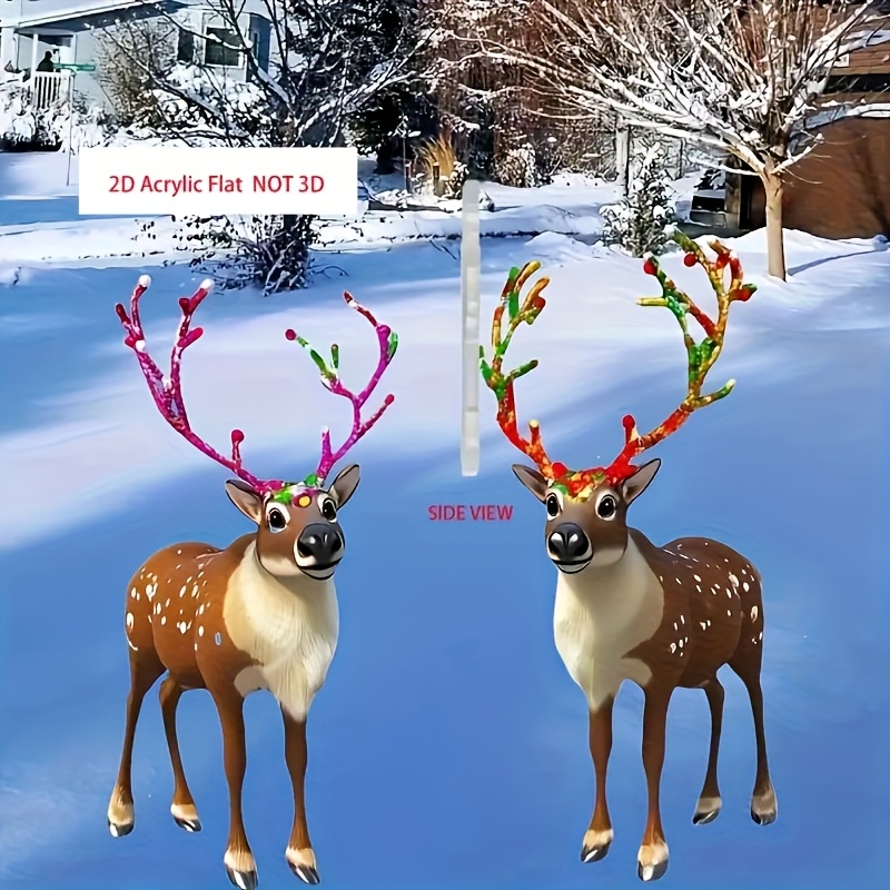 TEMU 2D Flat - 2er Set - 2D Flachdruck, 35 cm (13,8 Zoll) Acryl Outdoor Weihnachts Rentier Garten Dekoration - Lebendiges Pinkes und Rotes Geweih