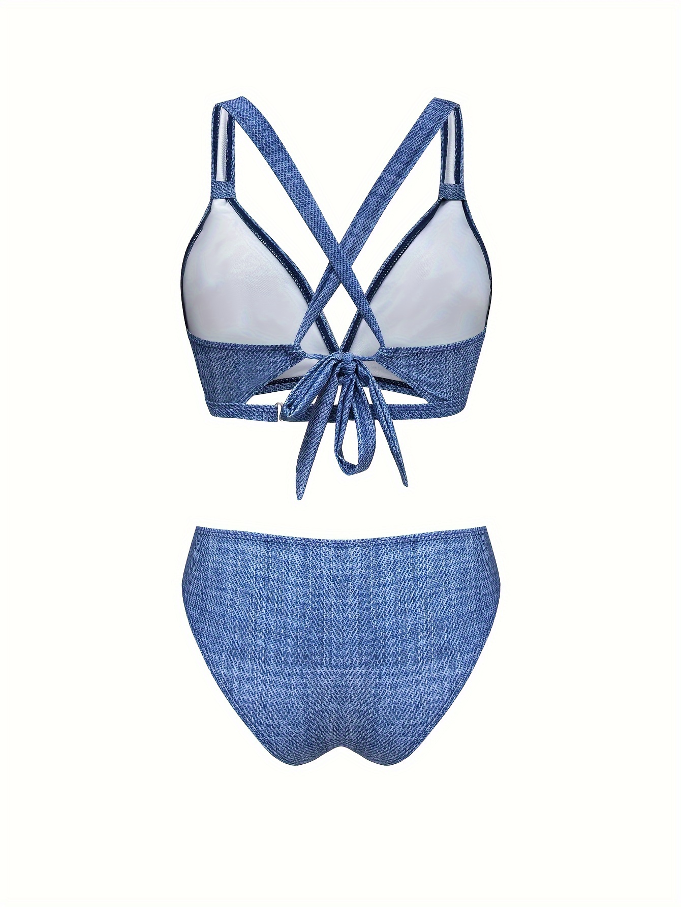 Faux Denim Print Bowknot Blue 3 Piece Set Swimsuits Cross Back V Neck High Waist Bikini Mesh Cover Up Skirt Women s Swimwear Clothing Triangle T