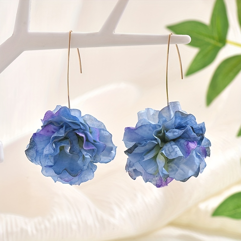 Image of Long 3d Fabric Flower Earrings Women