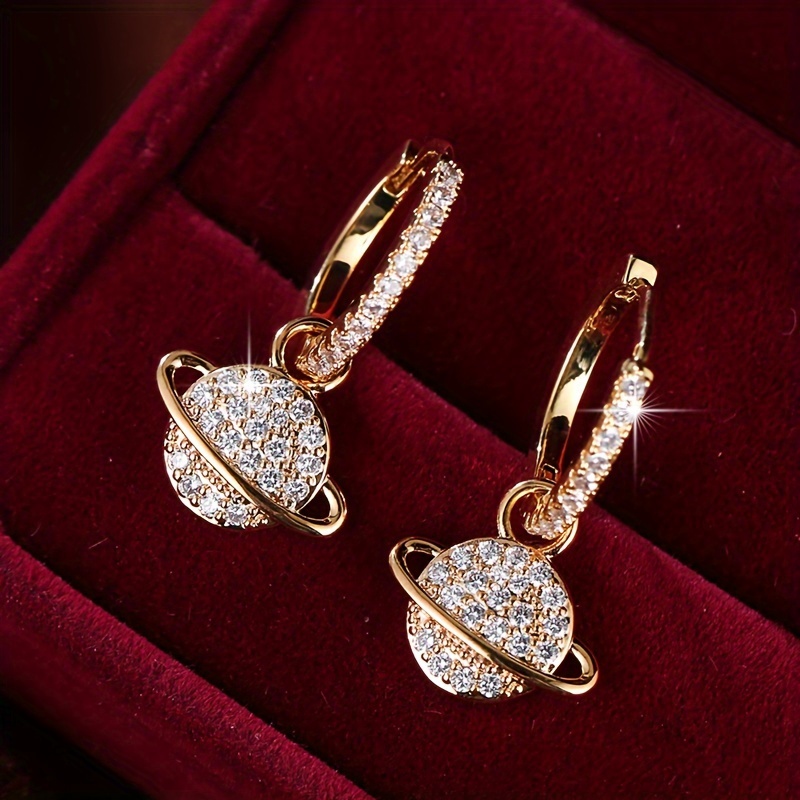 Image of A Pair Of Earrings, European And American Fashion Round Universe Planet White Synthetic Zirconia Copper Planet Women's Earrings, Wedding Banquet Accessory