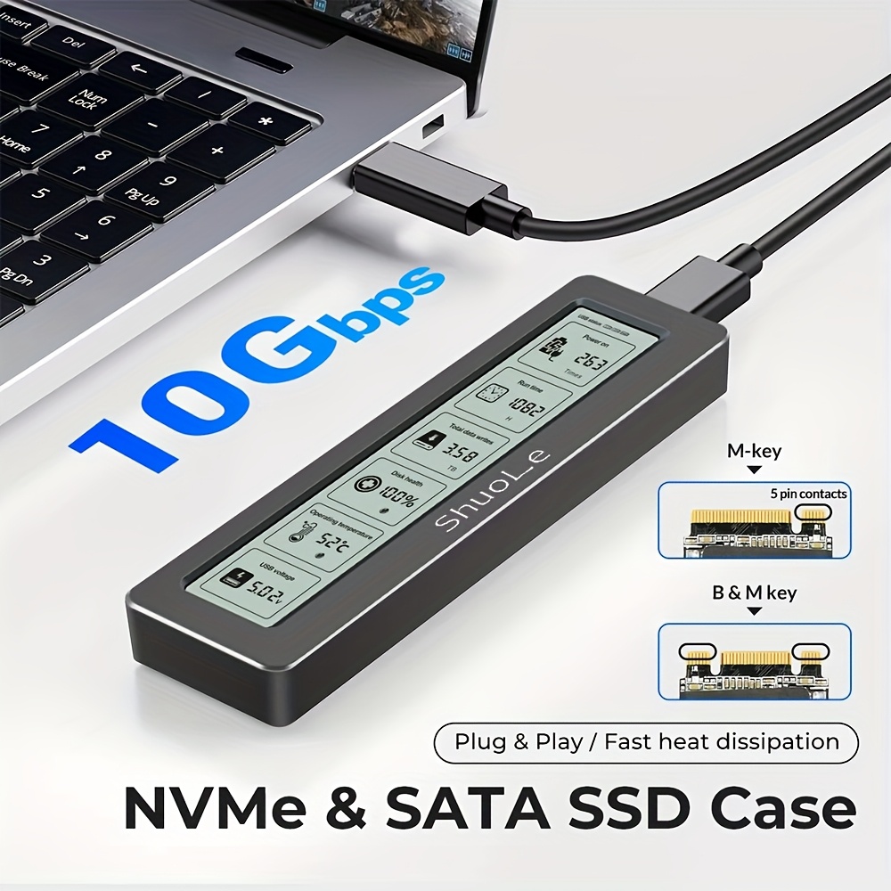 nvme sata ssd case   aluminum fits all m   state drives smart monitoring real time     heat dissipation   storage for game consoles portable hard drive cas