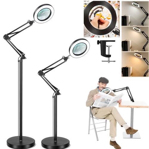 10X Magnifying Glass with Light & Stand - 3-in-1 Magnifier Floor Lamp, Adjustable Swing Arm, Dimmable LED Light, 3 Color (Warm /Cool Daylight/Neutral), Low Voltage for /Pets for close Work, Reading, Repair,