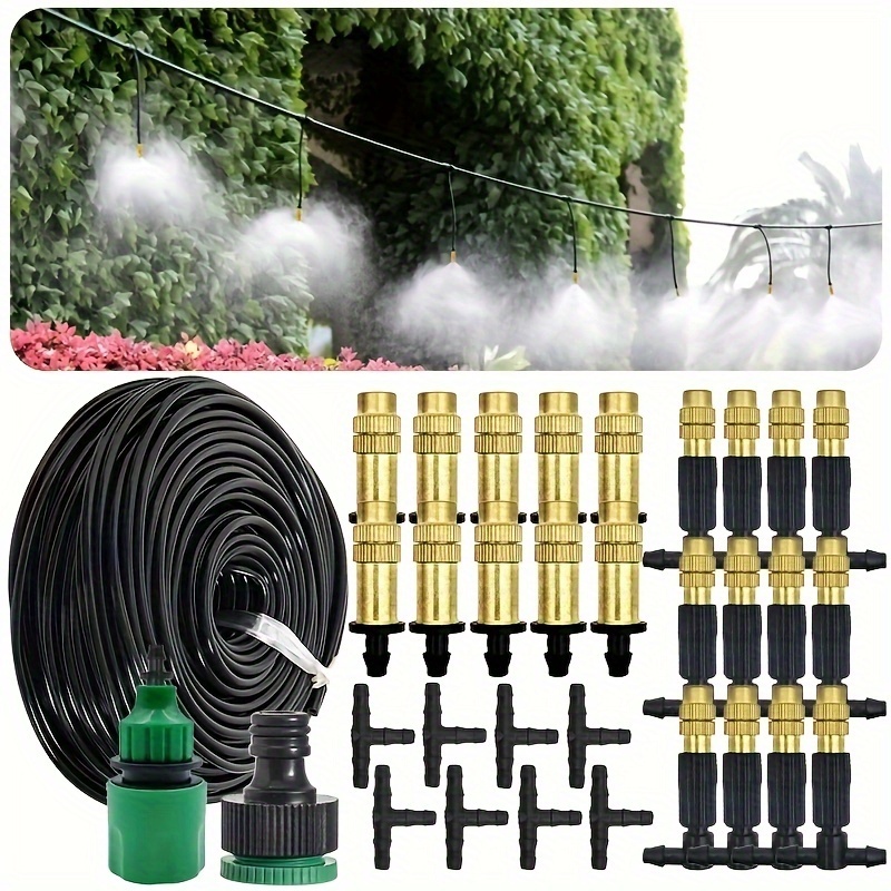 

10/30m Outdoor Misting Cooling System With Yellow Copper Mist Nozzle, Drip Irrigation Kits For Garden Irrigation, Watering, And Humidification, Universal Connector, No Electricity Or Battery Required.