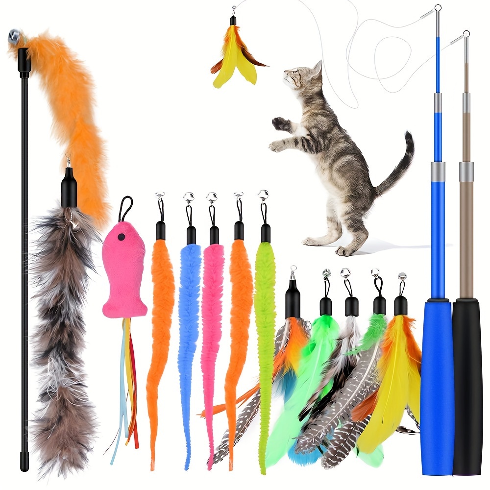 

2pcs Retractable Cat Wand Toy And 13pcs Replacement Teaser With Bell Refills, Interactive Cat Wand For Kitten Cat Having Fun Playing