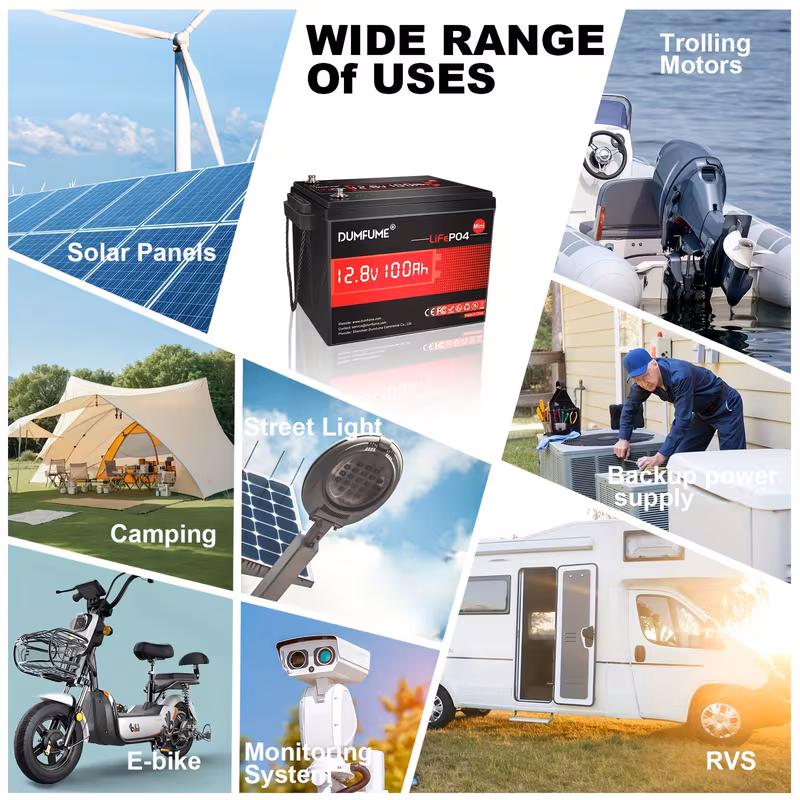 a 12v 100ah lifepo4 lithium battery with built in 100a bms 1280wh up to 6000 cycles 10 year very suitable for rvs solar energy marine use and storage 5