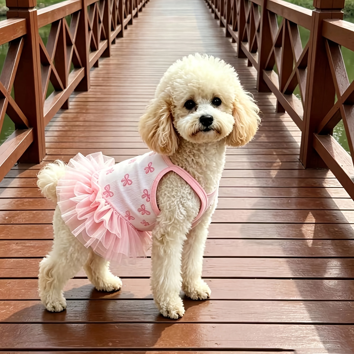 TEMU Pet Dog Pink Suspender Dress, Spring Summer Casual Bow Print Breathable Tulle Skirt, Fluffy Dress For Bichon, Teddy And Cats, Hair Resistant,