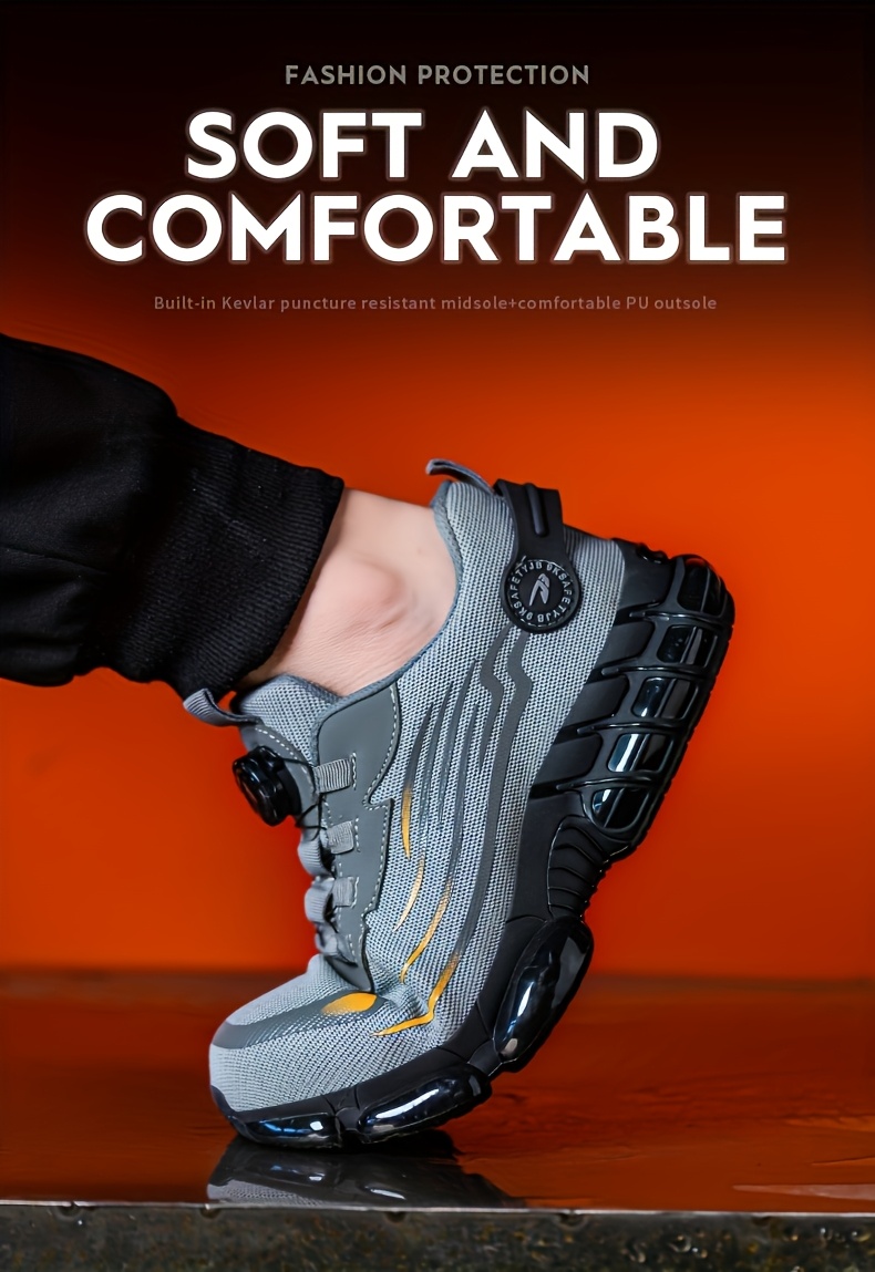 Men's Anti-Smashing Anti-Puncture Safety Work Shoes - Breathable Lace-Free Elastic Closure, Soft PU Sole with Metal Toe Cap, Retro Striped Design for Hiking, Outdoor & Daily Wear, Hiking Boots