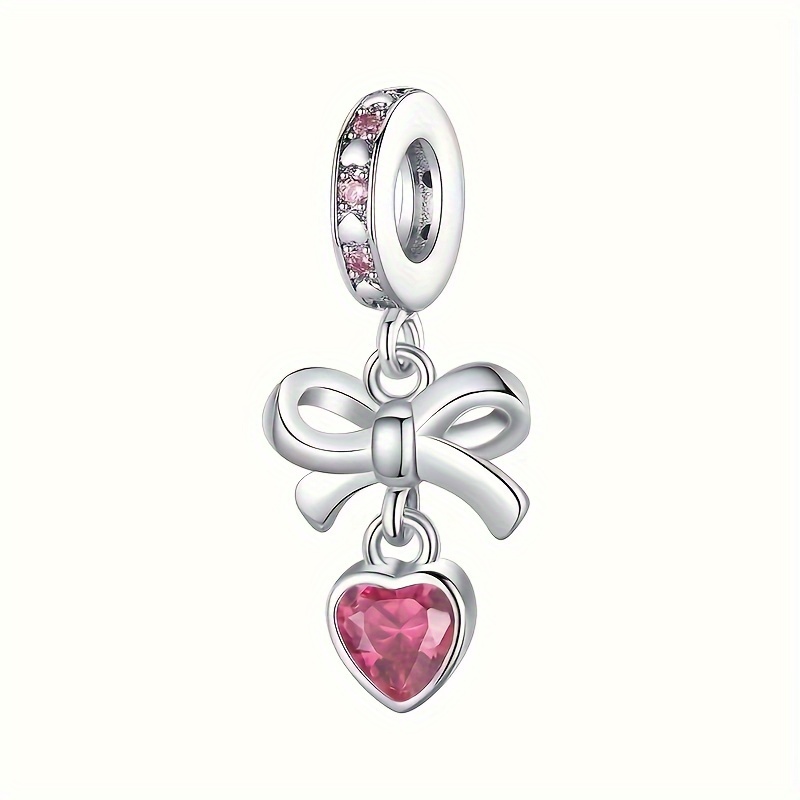 

Elegant 925 Sterling Silver Charm With Pink Zirconia Heart & Bow - Double Dangle Design For Diy Bracelets & Necklaces - Perfect Jewelry Gift For Women, 2024 New,