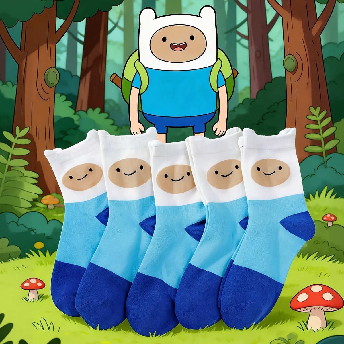TEMU 5-pair Women's Socks, Warner . Collaboration Adventure Fun Series With Finn , Cute Cartoon Colorful Fresh All-match Sweat-absorbing And
