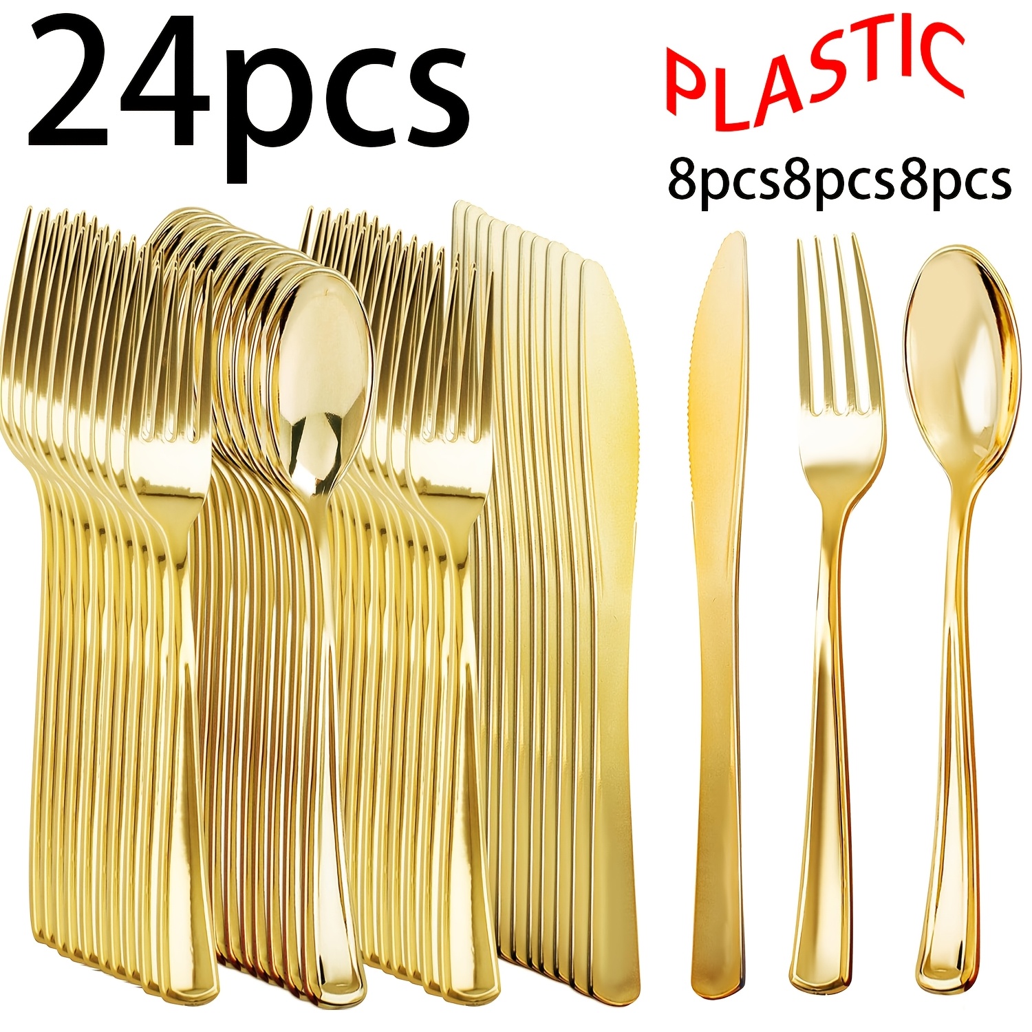 TEMU 24pcs Golden Plastic Knife Tableware Set, Including 8pcs Knives, 8pcs Forks, 8pcs Spoons, Suitable For 8-person Family, Party, Gathering,