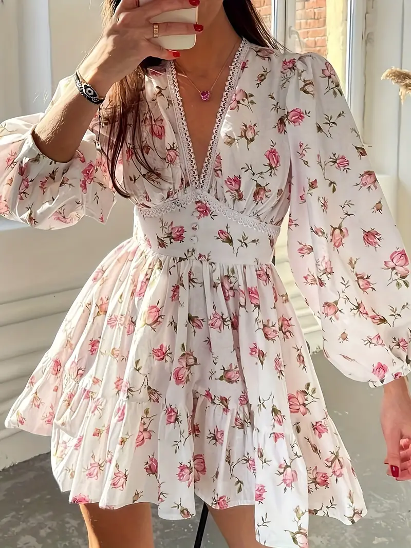 short floral dress long sleeve floral short mini skirt womens long sleeve puff sleeve sweet