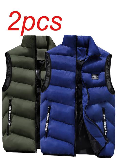 2pcs pc suitable for sleeveless jackets thickened warm stand collar zipper vests cold proof winter outerwear for gym outdoor skiing hand washable vest for casual wear parties solid