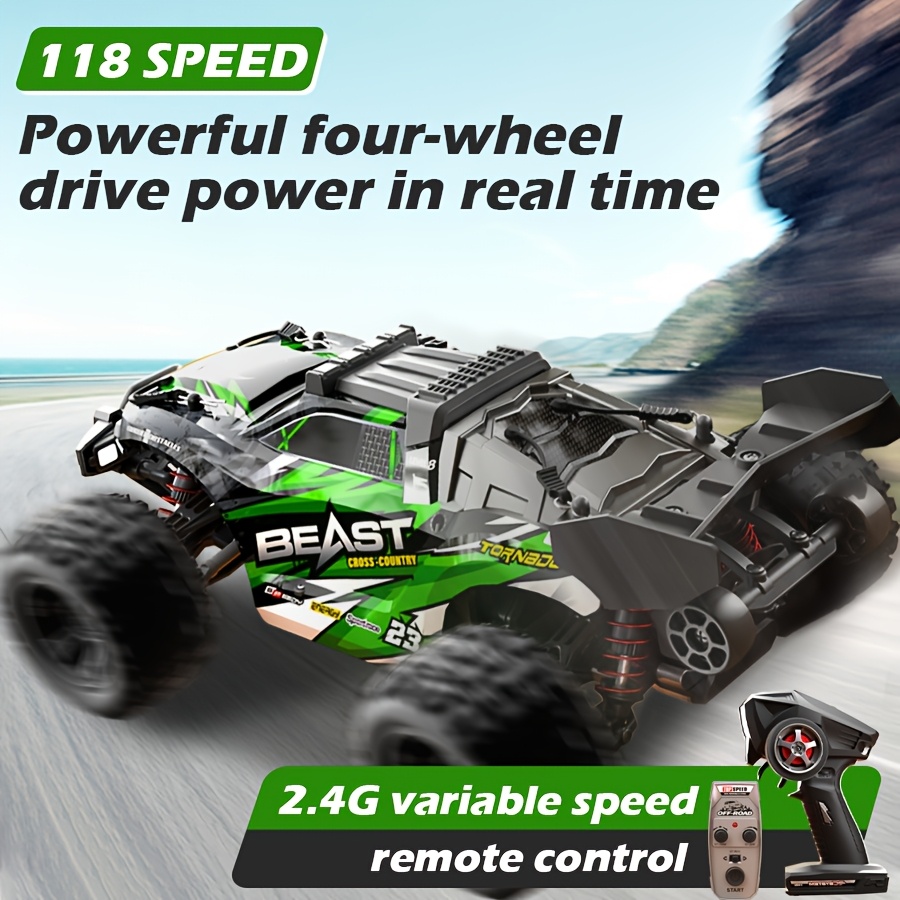 4WD High-Speed RC Off-Roader | 35KM/H Stunt Toy Car With Wheelie Bar & Adjustable LED Lights | 1:18 Scale Model | 7.4V Long-Life Battery | All-Terrain RC Truck For Adults & Kids - Outdoor Gift