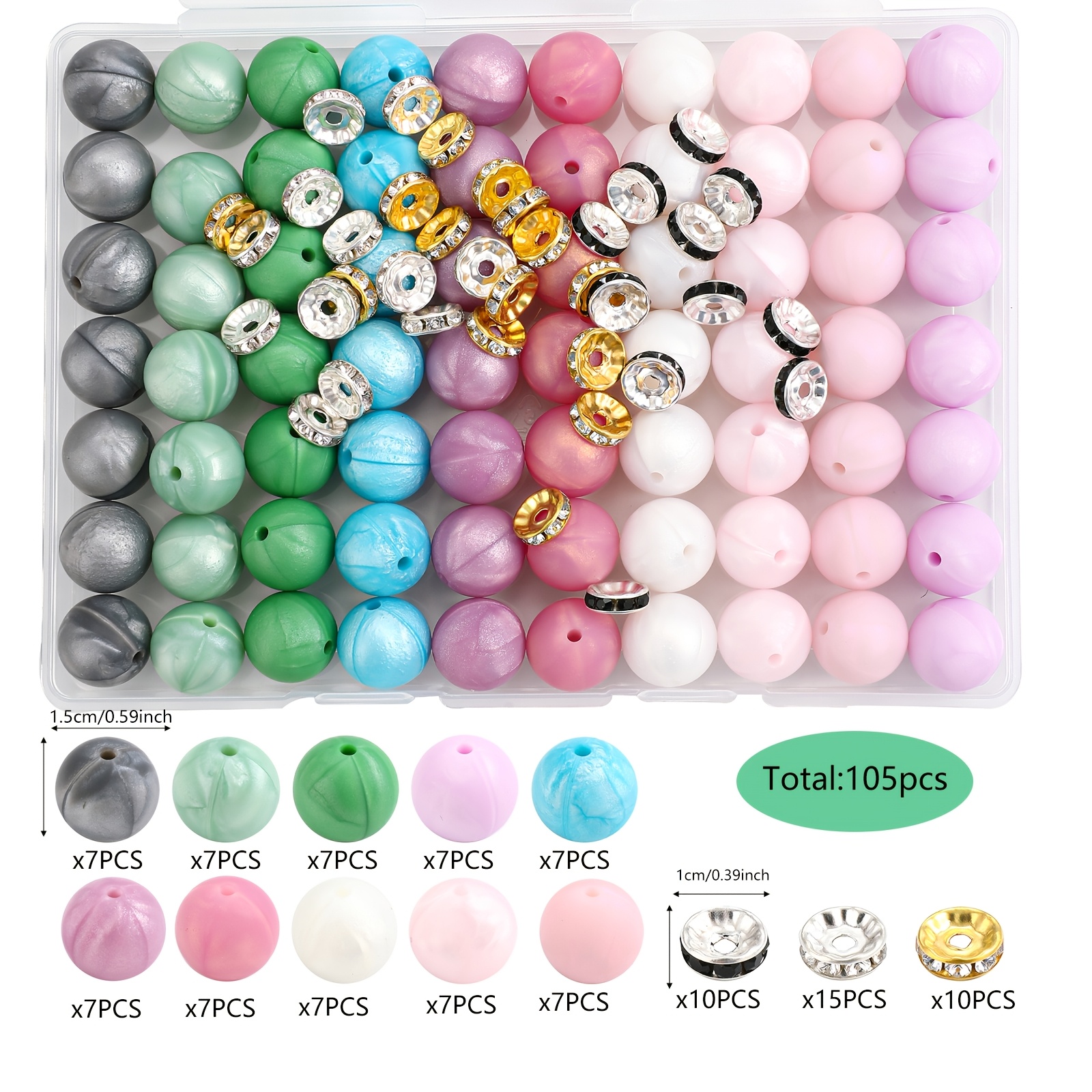 Image of 105pcs Silicone Beads Set, Silicone Round Beads, Color Silicone Beads, Spacer Beads, Suitable For Stringing Pens, Diy Keychains, Necklace And Bracelet Making Sets, Jewelry, And Art Handicrafts.