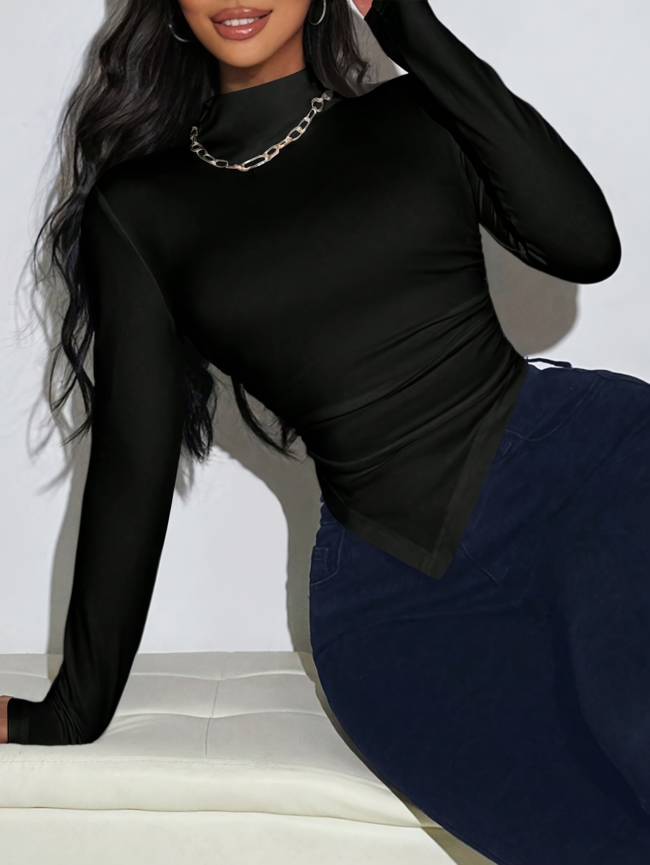 Mock Neck Ruched Asymmetrical T-Shirt Elegant Long Sleeve T-Shirt For Spring & Fall Women's Clothing