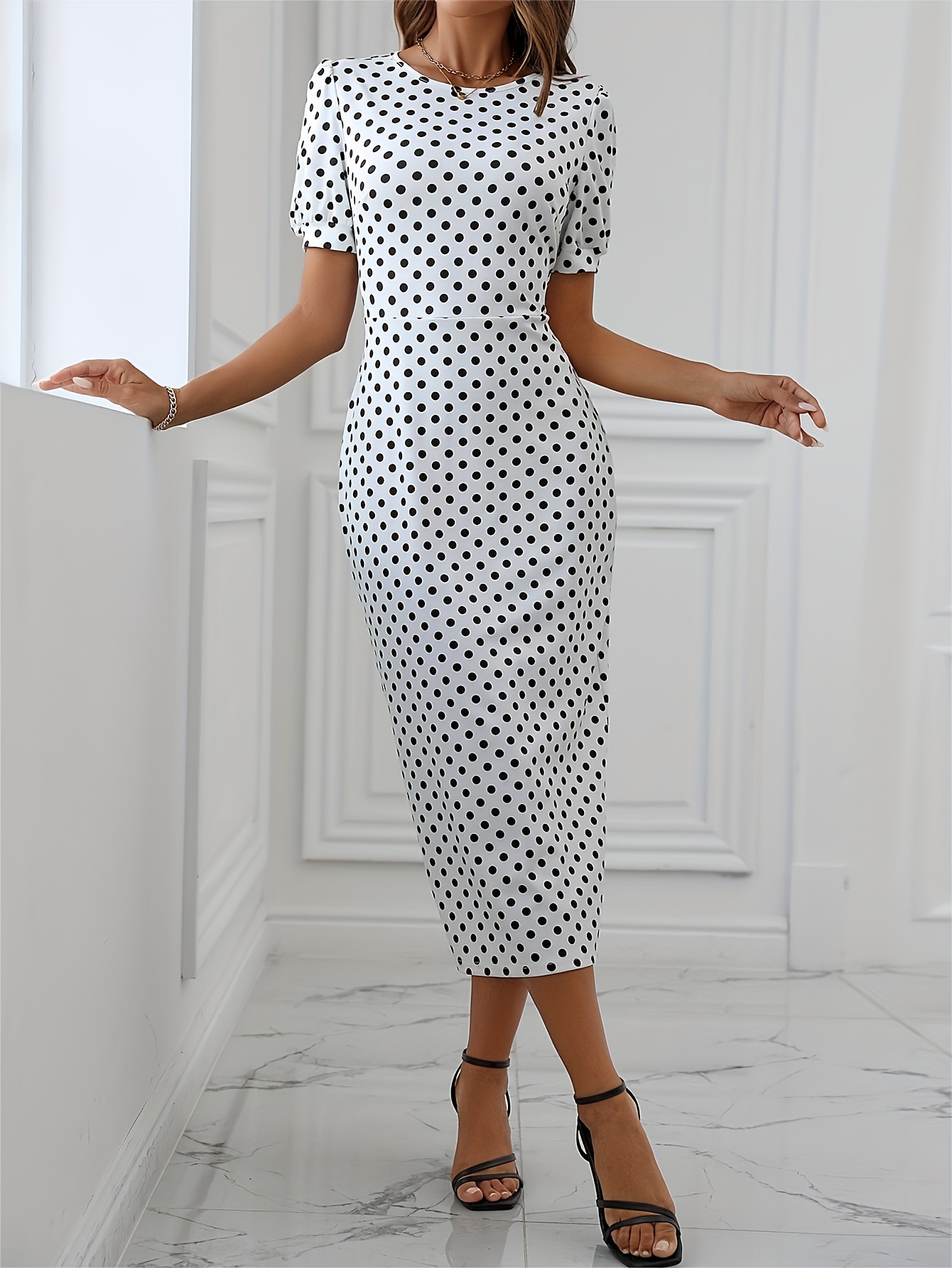 stijlvolle stippen midi jurk voor vrouwen ronde halslijn Temu